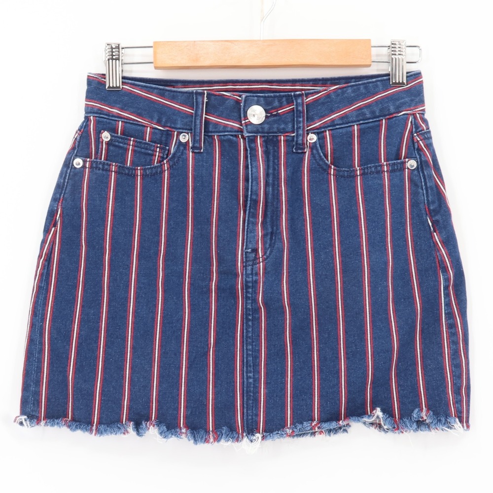 American Eagle Denim Mini Skirt Womens Blue Red Stripe Raw Hem Stretch Size 2